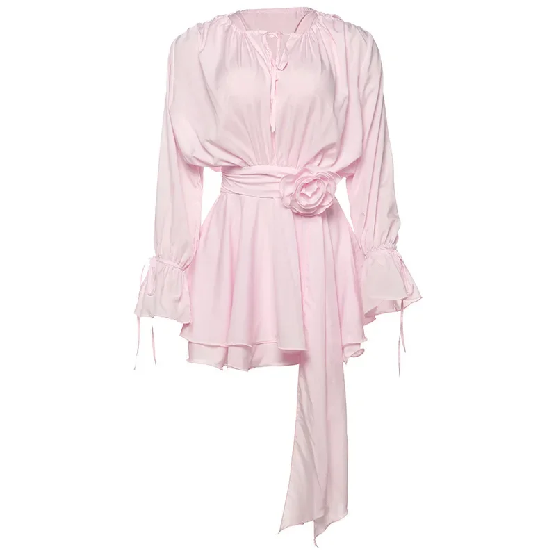 

2026 Summer New Women's Solid Color Round Neck Lace Up Flower Decoration Trumpet Sleeve Hip Hugging Dress