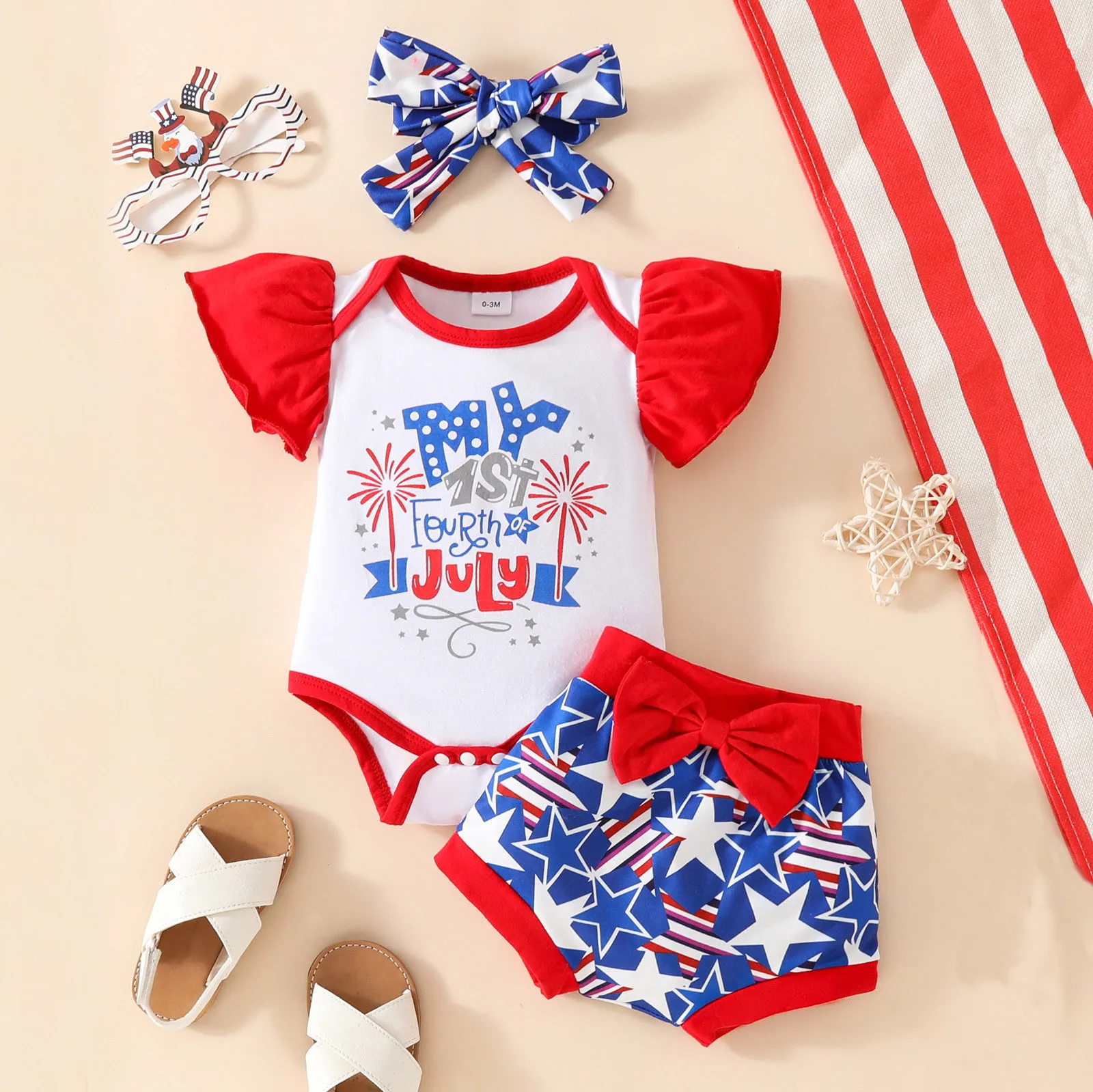 

My First 4th Of July Baby Girls 3pcs Outfit Ruffles Sleeve Bodysuit+Stars Shorts+Headband Independence Day Baby Costume 0-18M