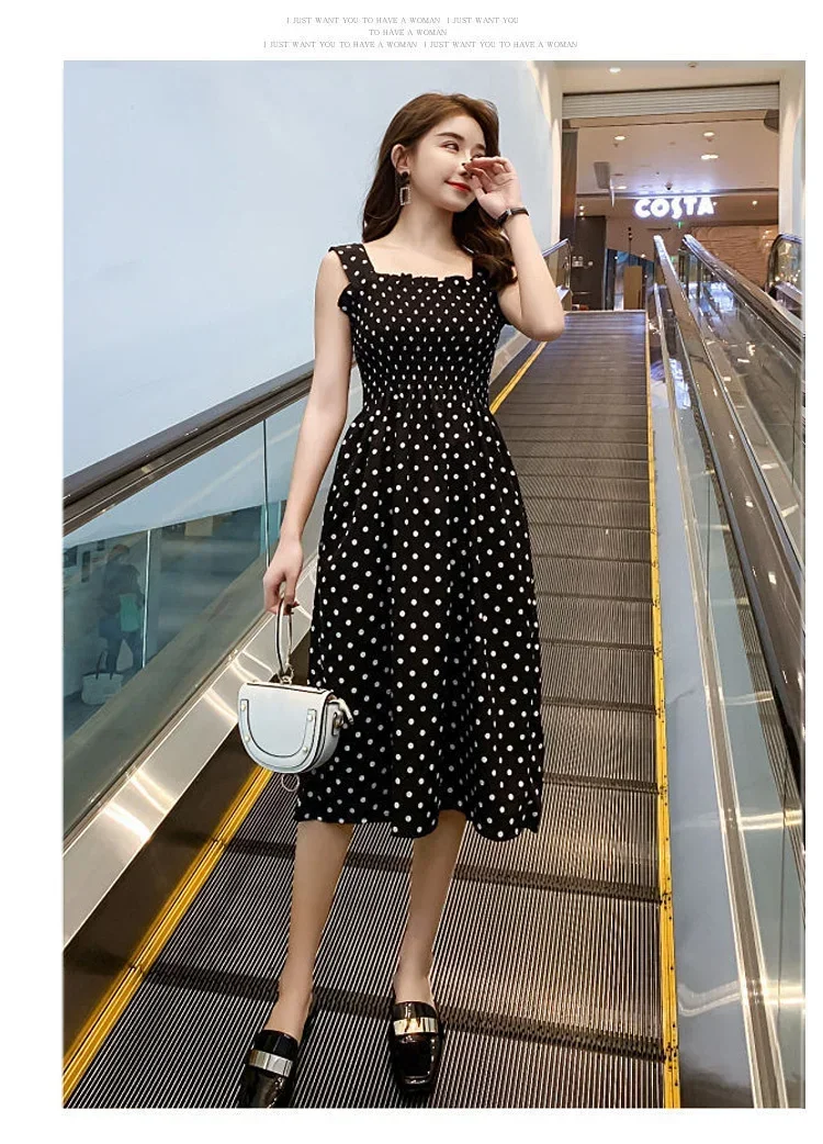 Damen Sommer Polka Dot Chiffon Langes Kleid Elegantes Quadratischer Ausschnitt Ärmelloses Kleid Lässige Damenkleider – Detail 16