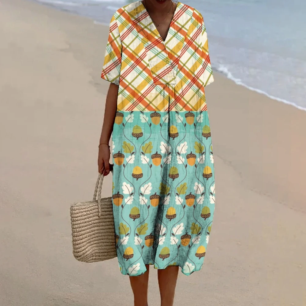 

Harvest Checkered Dress With Nature Touch Tropical Chic Long Dress Checkered Nature-Patterned Dresses Nature-Themed Long Clothes