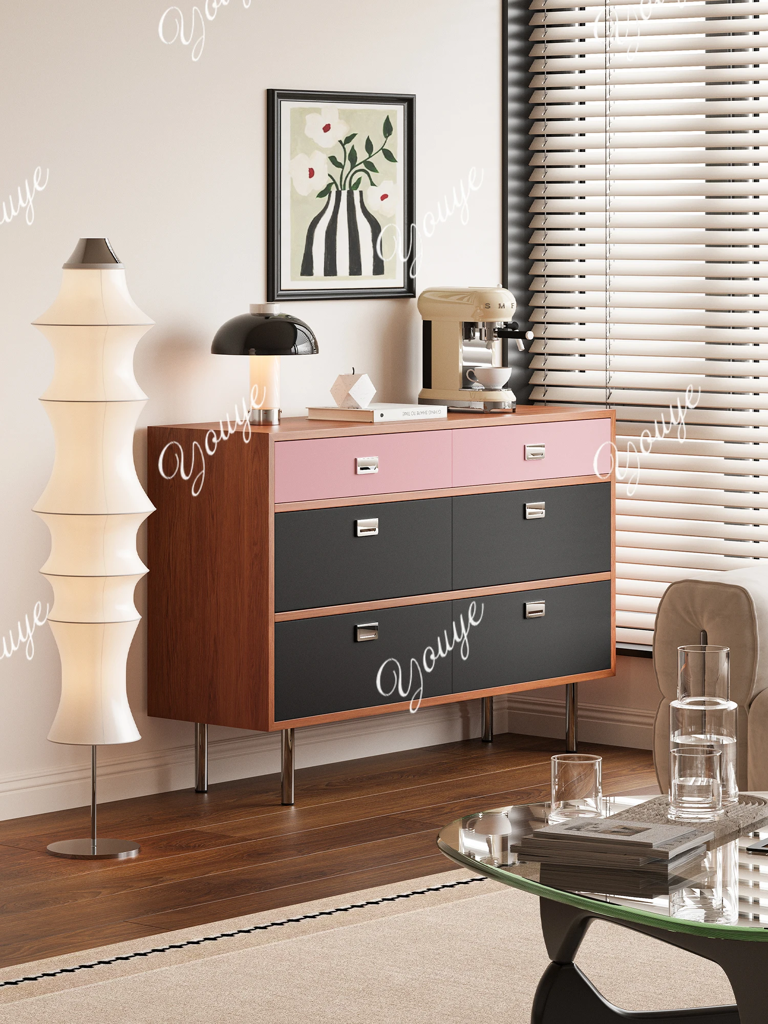 

Simple high-grade pink and black contrasting colors Modern side cabinets Home living room Bedroom Wall side chest Storage locker