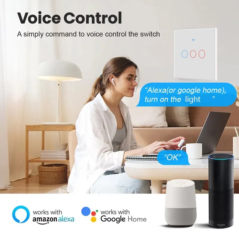 Sakelar pintar Tuya WIFI 110-240V 10A Alexa suara rumah Google 1/2/3/4 Gang nol kawat api Sensor sentuh US/EU sakelar pengendali jarak jauh