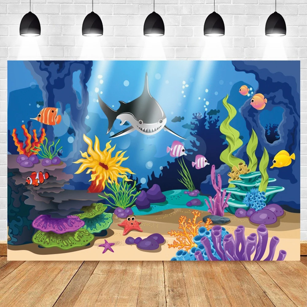 신생아 베이비 샤워 생일 바다 사진 배경 해저 상어 만화 물고기 어린이 생일 파티 장식 배경 사진존