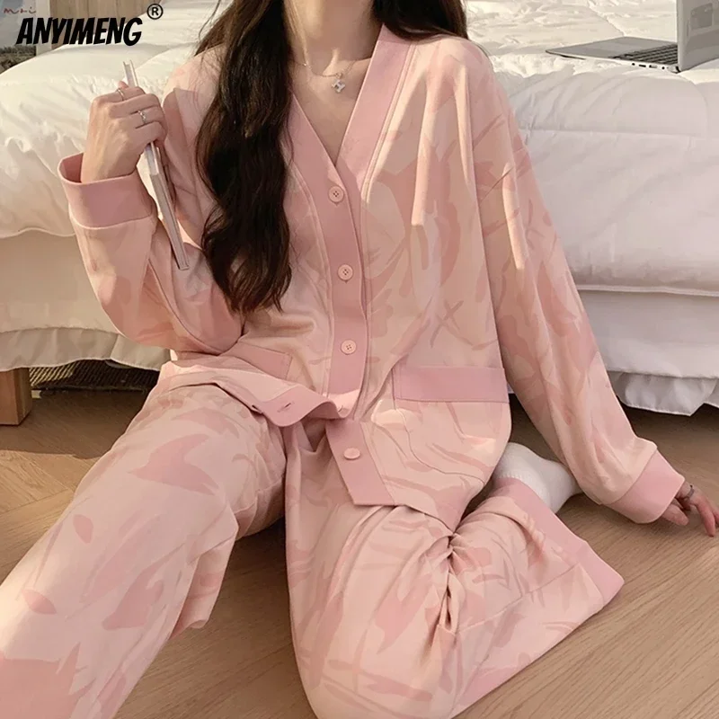 Women Pajamas Set Long Sleeves Kimono V-neck Lapel Sleepwear Autumn Loungewear for Girl Korean Pink Pijamas Faux Cotton Homesuit