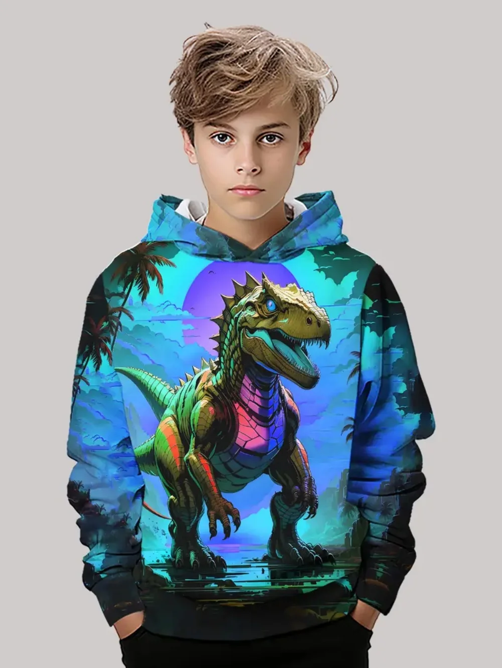 Bluzy chłopięce z kapturem, z nadrukiem dinozaura 3D, jesienne bluzy z długim rękawem, pulowery, ubrania dla niemowląt, bluza, odzież dziecięca na co dzień, do noszenia na zewnątrz.