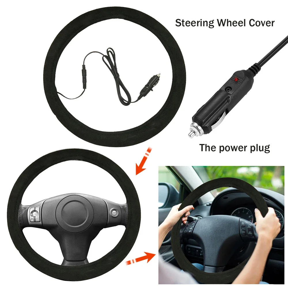 15inch Heated Car Steering Wheel Cover Fast Heat Universal Suede Auto Steering Wheel Sleeve Warm Alternative