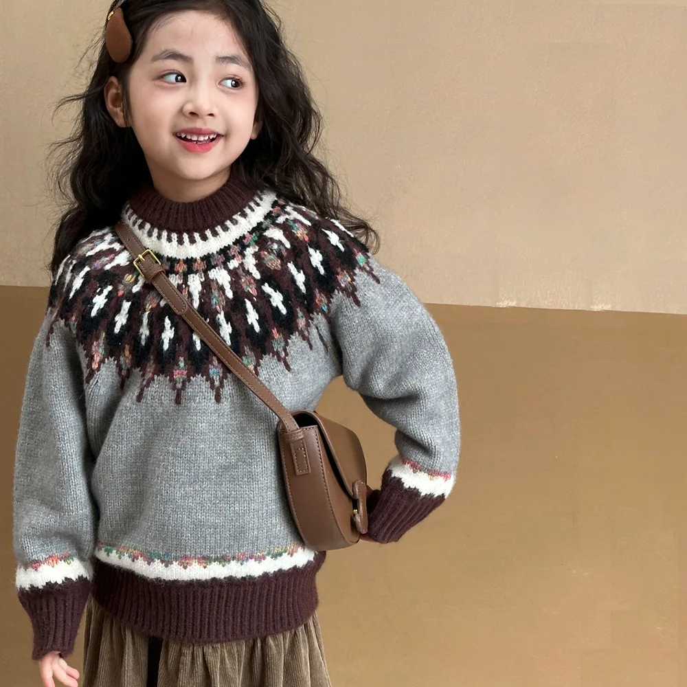 Girls Sweater 2024 Spring New Children's Wool Blended Twist Pullover Top Red New Year's Clothes Fashion Casual