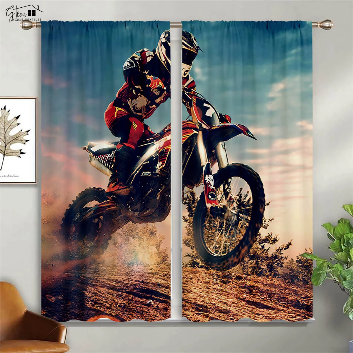 Industrial Punk Motorcycle Curtains American Retro Cool Trend Off-Road Rock Motorcycle Sand Bedroom Living Room Curtain 2 Pieces