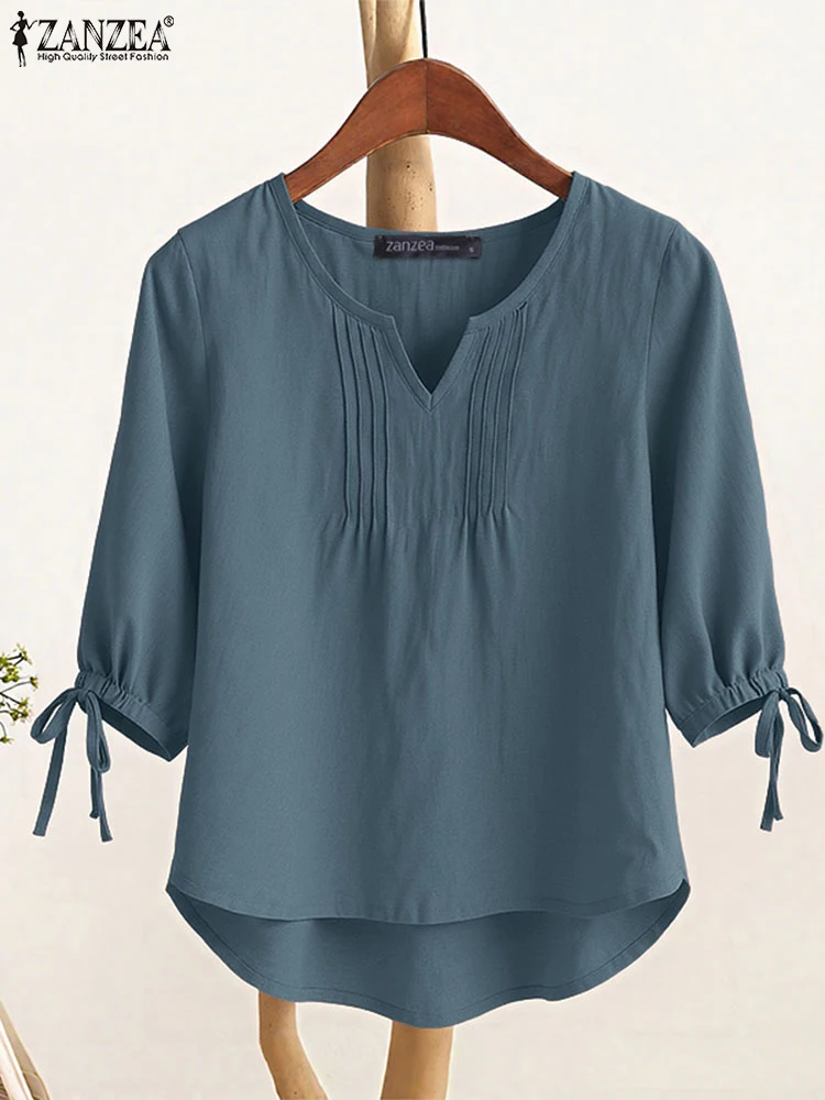 ZANZEA Frauen Bluse 2025, Herbst 3/4 Ärmel Solide Shirts Casual V-ausschnitt Plissee Blusas Sommer Weibliche Arbeit OL Tops Tunika Oversize