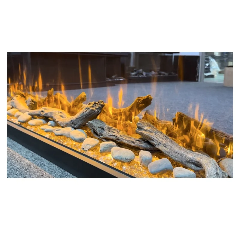 70 Inch 3D Mirror Crushed Diamond Fireplace Glowing Ember Bed Realistic LED Flame Insert 3 Sided Mirrored Electric Fireplace