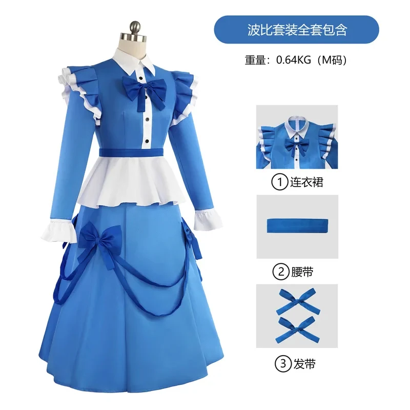 

ABC123Game Poppy Cosplay Scary Red Hair Girl Doll Costume Blue Lolita Maid Dress Playtime Halloween Carnival Party Out5,j'8.k/4\