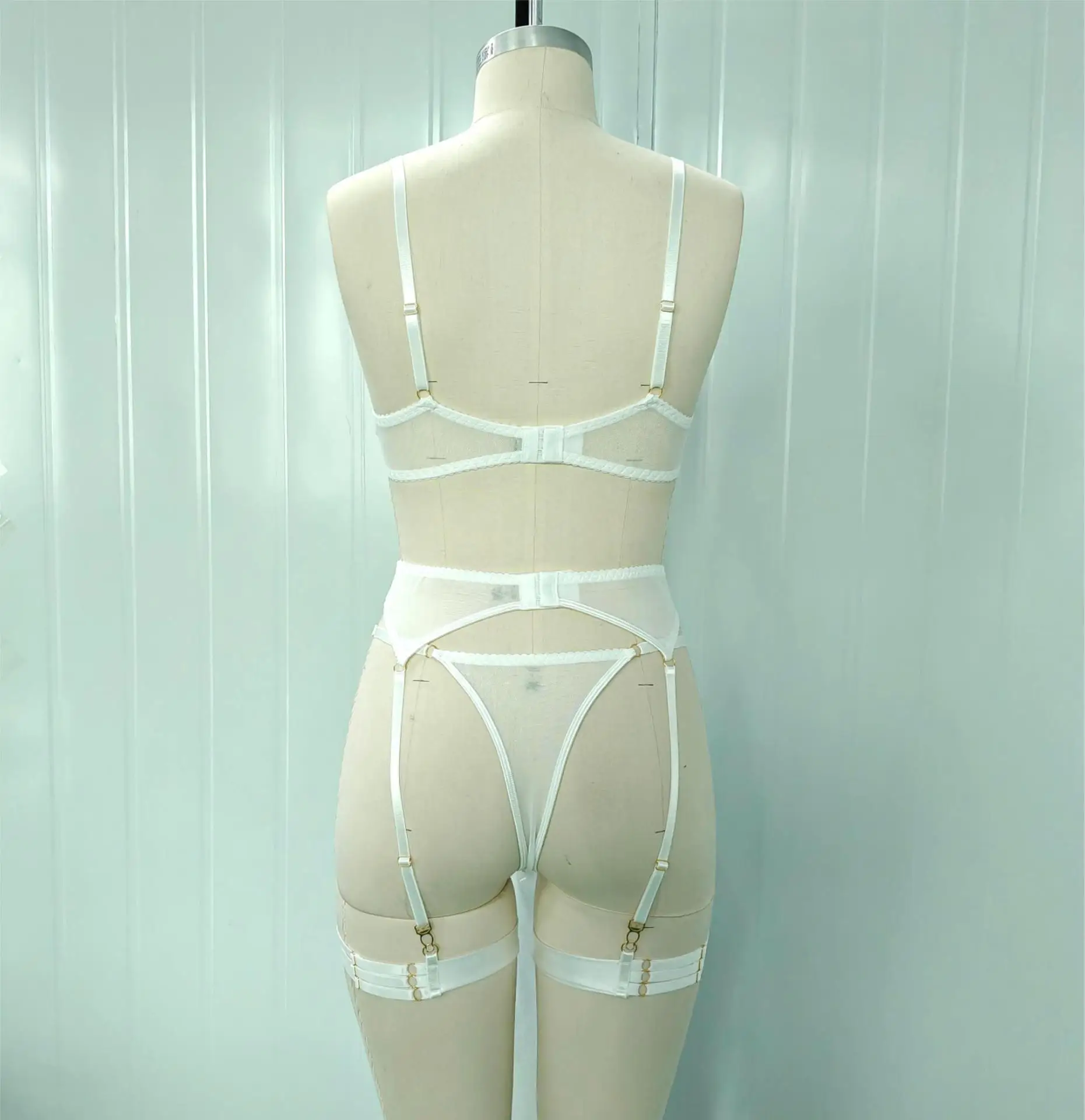 Brskbzda Conjunto de lencería elegante para mujer, sujetador de satén liso con parches, cinturón y ligueros, conjunto de moda íntima sensual y atractivo para mujer