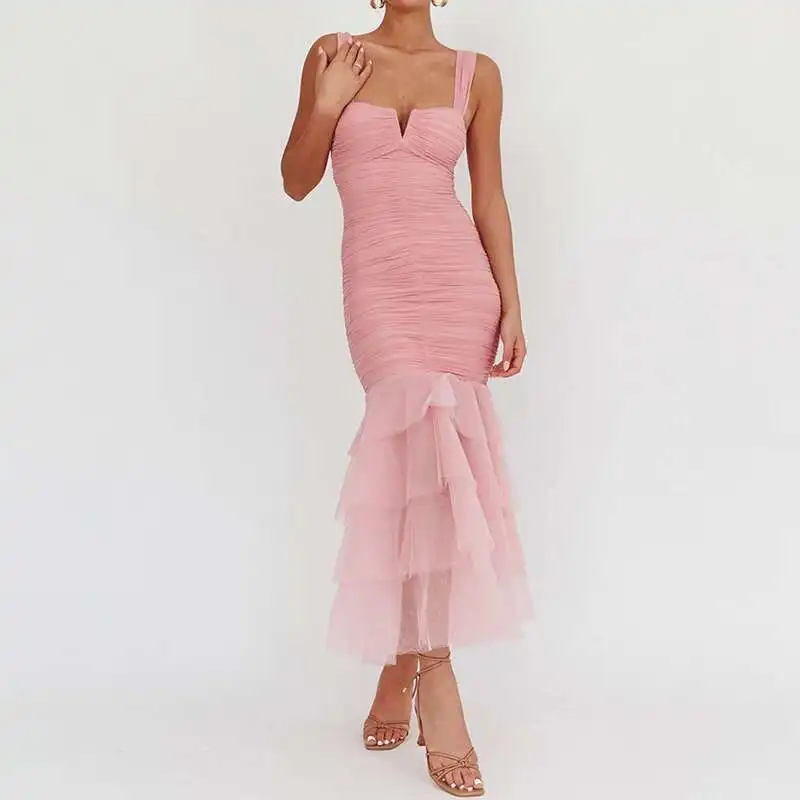 เซ็กซี่ปิดไหล่ Slim A-Line Elegant สีทึบแขนกุดชุดราตรีตาข่าย Patchwork Wrap ชุดยาวสตรี