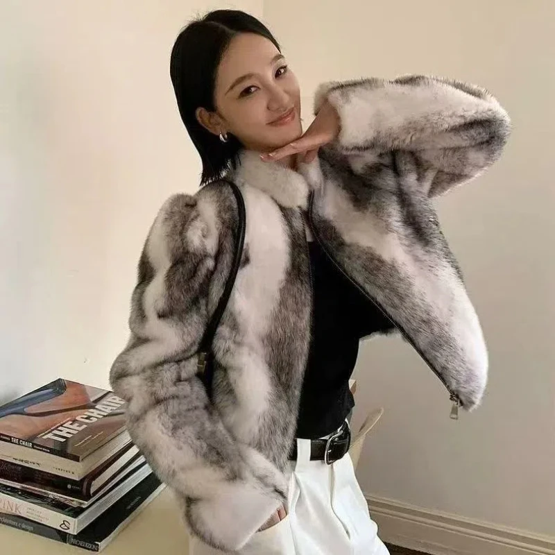 American Style Fur Coat Women Winter Zipper Stand Collar Gradient Loose All-match Puff Sleeve High Street Punk Cardigans Jackets