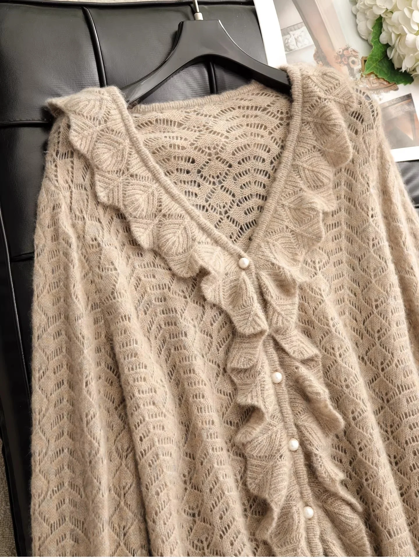 

Супертолстый вязаный кардиган с ажурным узором и кружевной отделкой, в стиле кэжуал, из мягкого кашемира, с длинными рукавами и V-образным вырезом