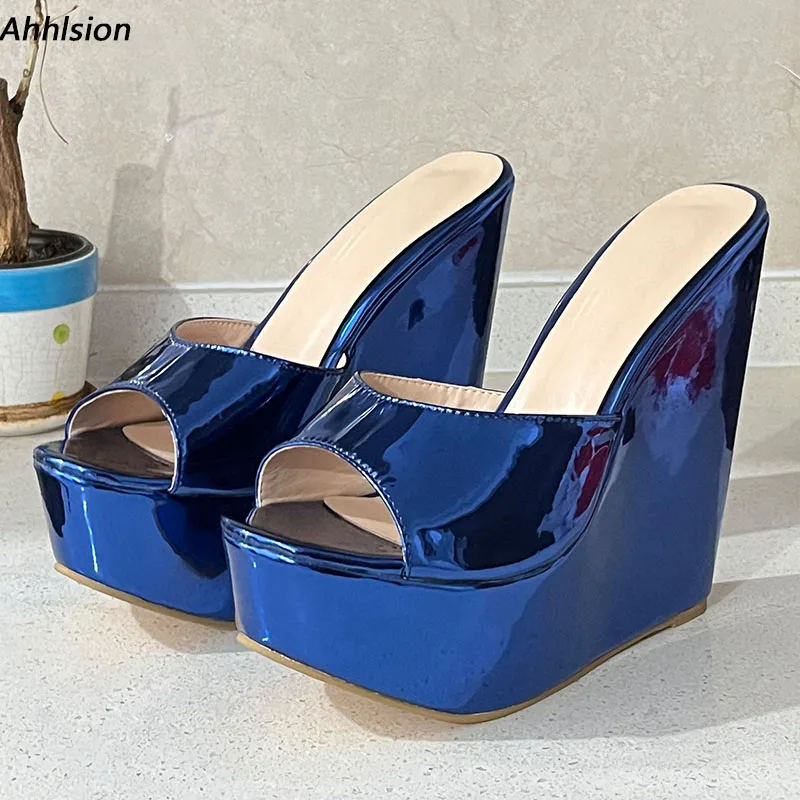 

Ahhlsion Quality Women Mules Sandals Slip On Wedges Heels Round Toe Pretty Metallic Purple Party Shoes Ladies Plus US Size 5-20