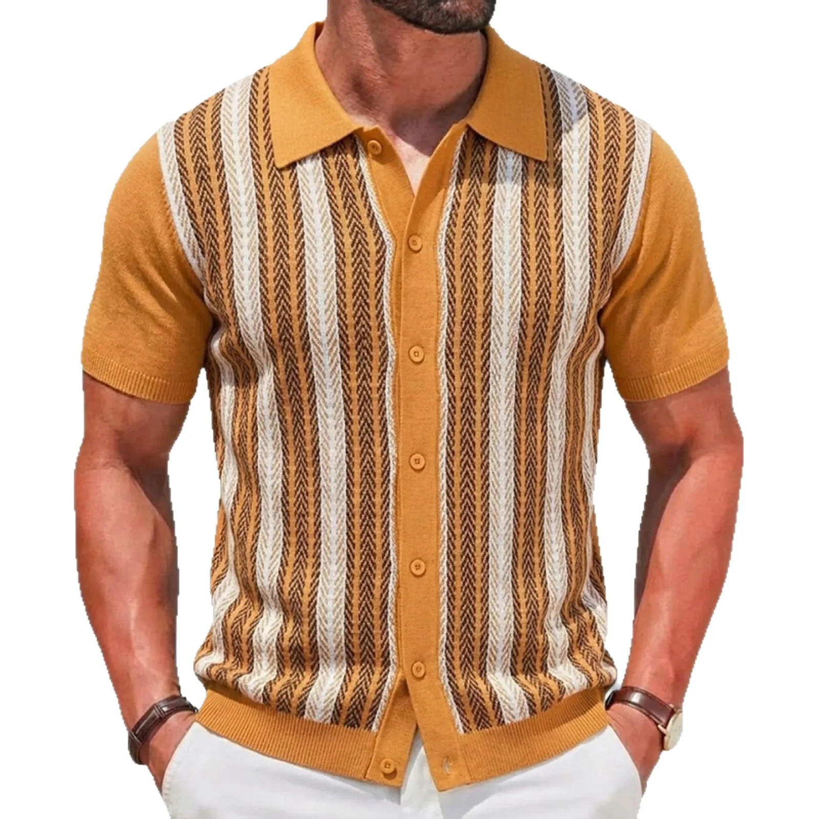 Men's Fashion Luxury Leisure Knit Polo Shirts Striped Button-down Short Sleeve Cardigan Casual Business Knitwear 2025 New Summer