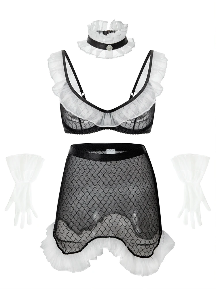 Sexy Fashion Contrast Color Lingerie Maid Uniform Women's See Through Mesh Underwear with Gloves Neck Loop Fun Five Piece Set
