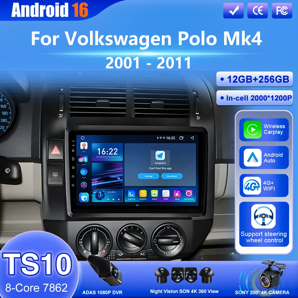 Android 16 For Volkswagen Polo Mk4 2001 - 2011 Car GPS Navigation Carplay Multimedia Video Player Head Unit 4G Touch Screen BT