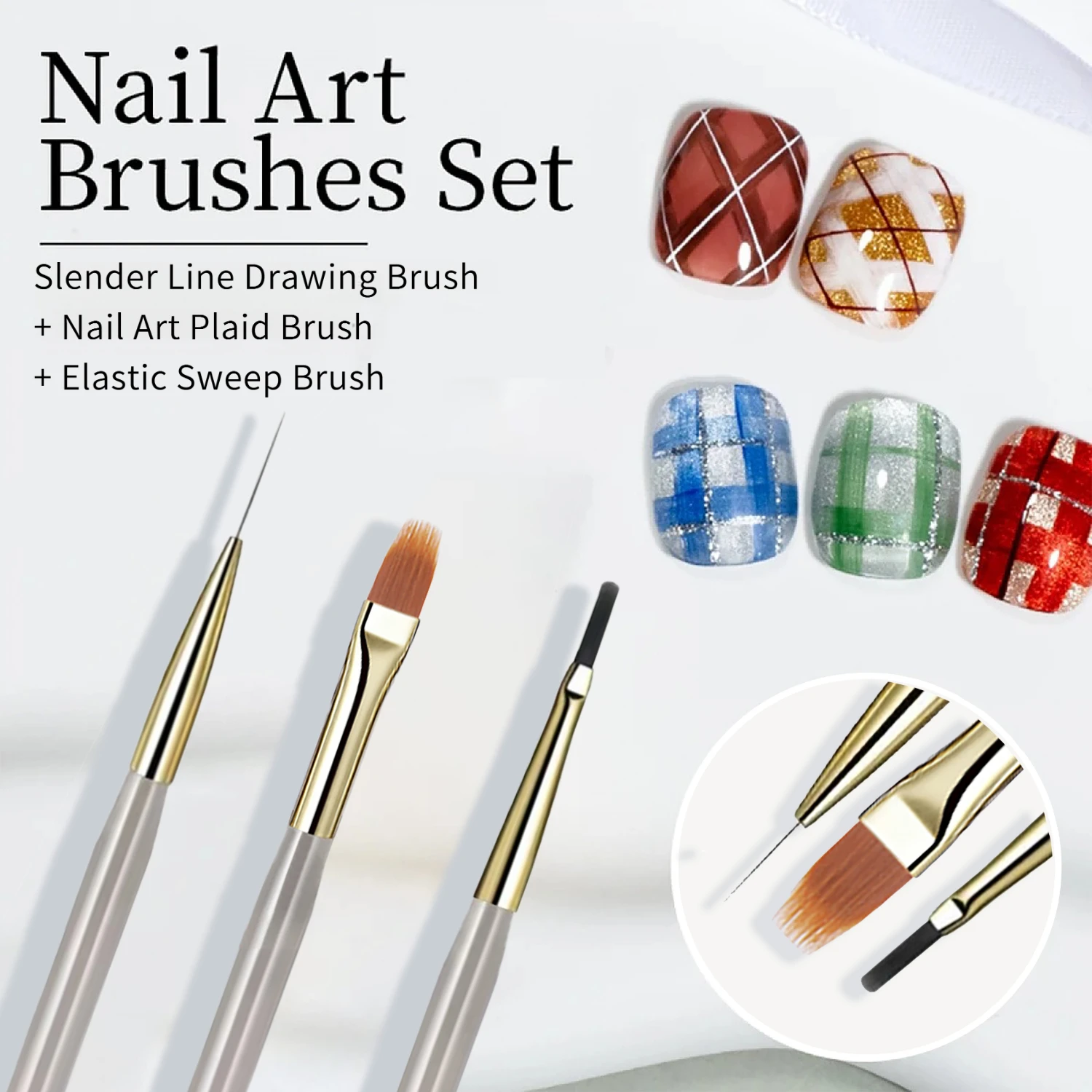 3Pcs Nail Art Brush Set Ultra-Fine Liner French Plaid Sweep Brushes for UV Gel DIY Professional Manicure Ombre Tool