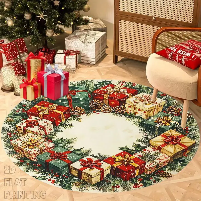 1pc 2D Flat Christmas Gift Box Bright Print Round Rug, Decor Mat for Living Room Dining Room Office, Warm Joyful Holiday