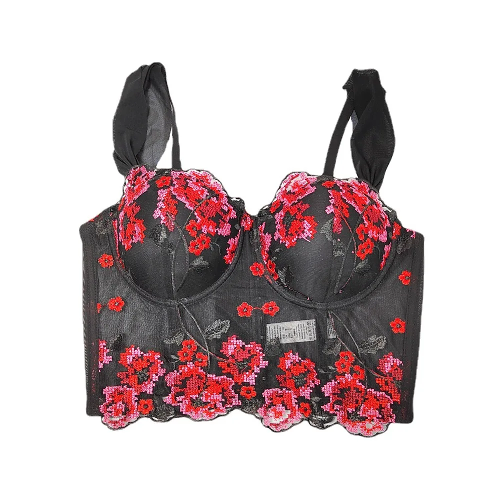 

Mesh See-Through Flower Lace Push Up Bra Top with Floral Embroidery Fishbone for Women Sexy Inner Wear Shaperwear Underwear