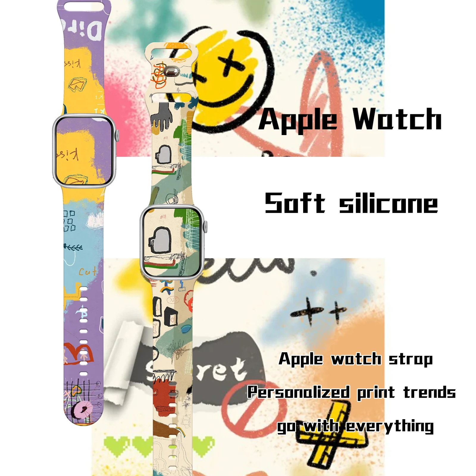 

Artistic Graffiti Series Printed Strap for Apple Watch 11 10 9 8 7 SE Silicone Band Replaceable Bracelet for iWatch