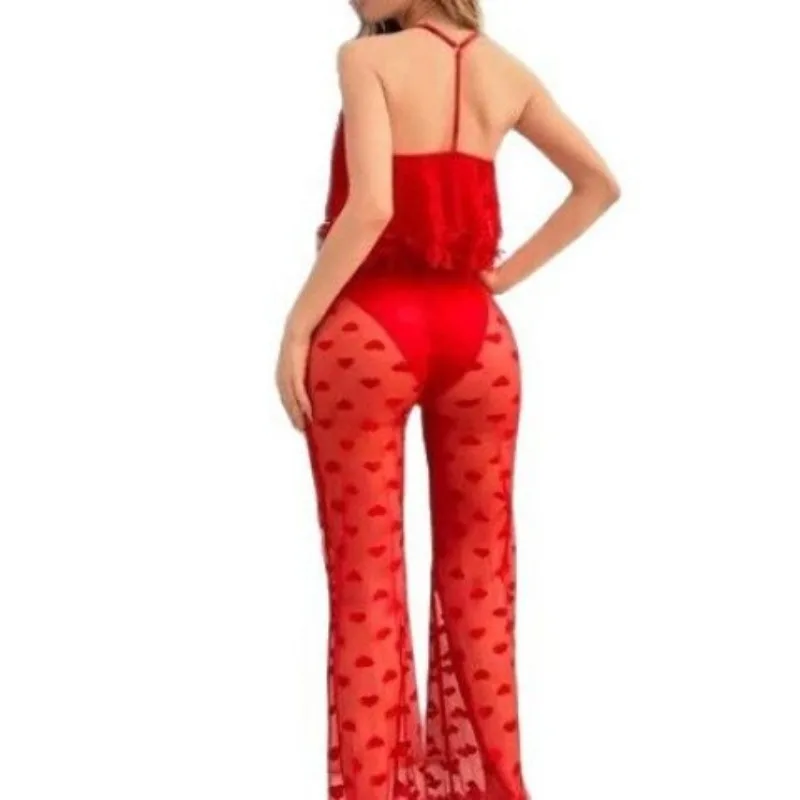 

Кружевной прозрачный комплект для дома: топ-слинг и шорты, красный, с принтом «сердце», большие размеры, пижамный комплект в европейско-американском стиле, сексуальная пижама для трансграничной торговли