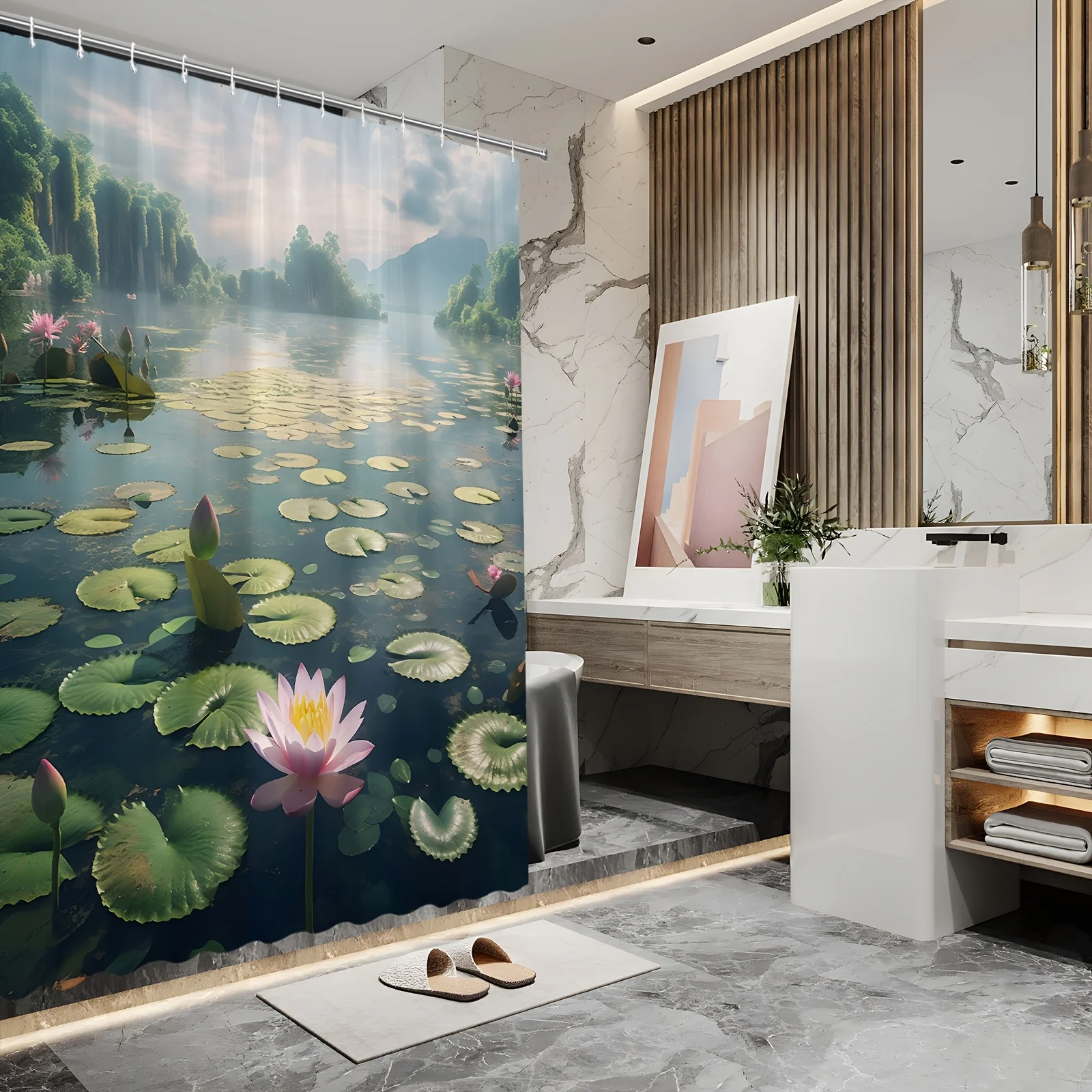 

Enchanting Lotus Pond Bath Curtain - Serene Water Lilies & Mountain View,Waterproof Home Decor Adds Tranquility to Your Bathroom