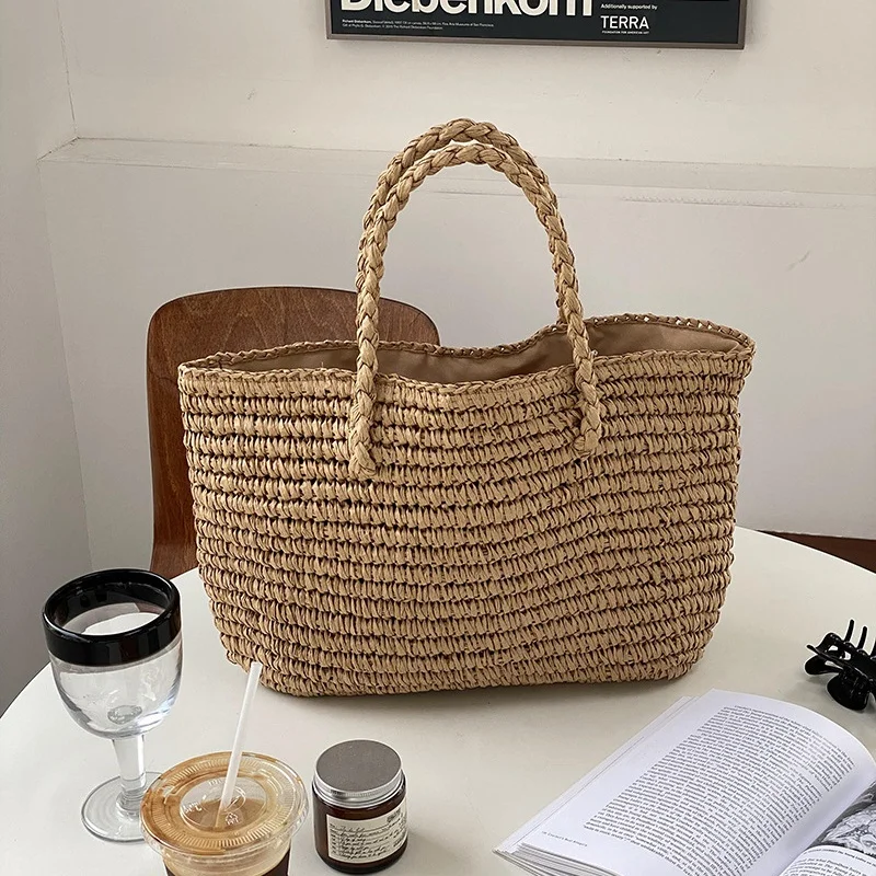 

Straw Hollow Out Knitting Tote Bag Large Capacity Handmade Shoulder Handbag Women 2024 Designer Casual Beach Bag Ethnic Style