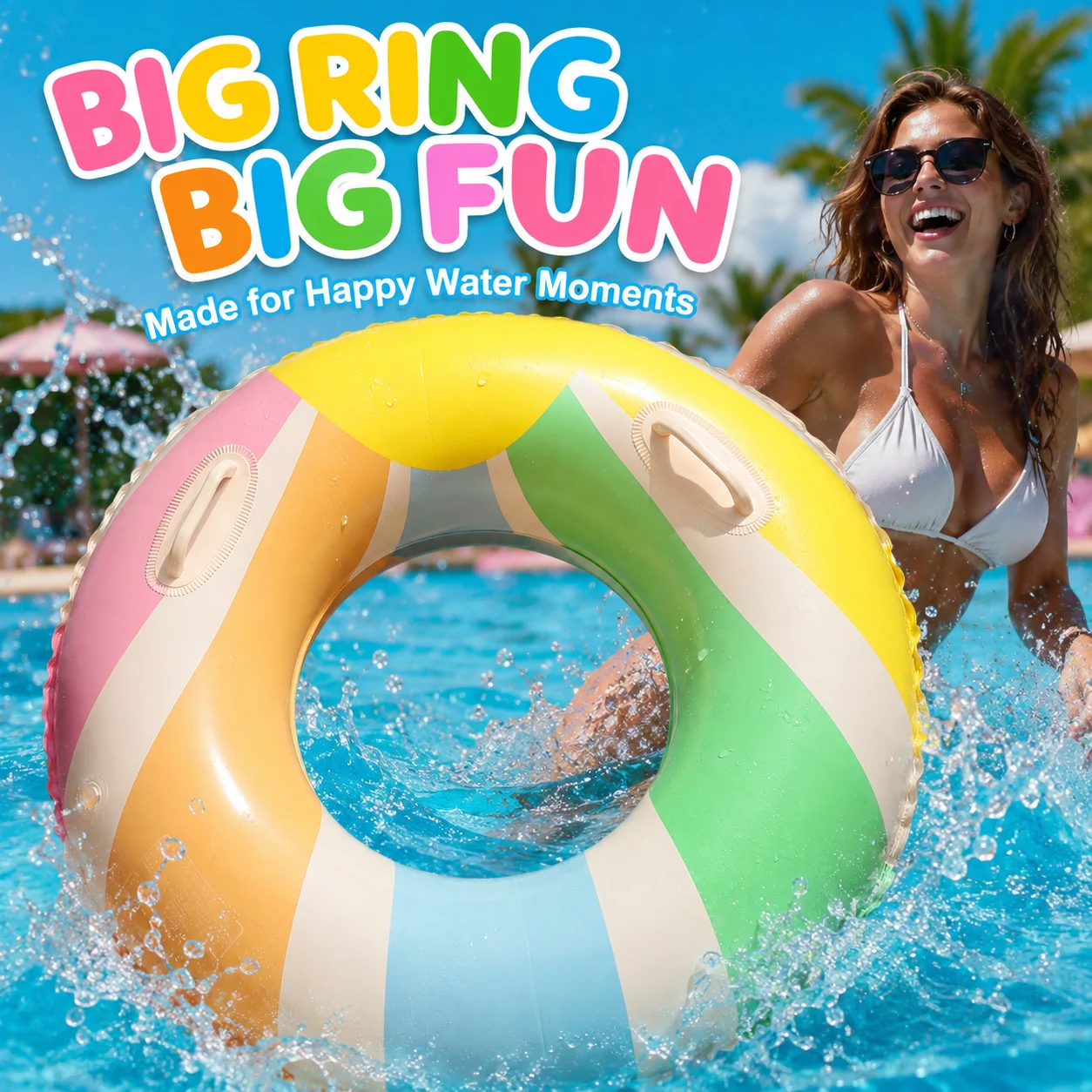 1PC Rainbow Inflatable Swim Ring Adult Pool Float Tube, Colorful Swimming Ring for Beach Pool, Summer Water Fun view 4