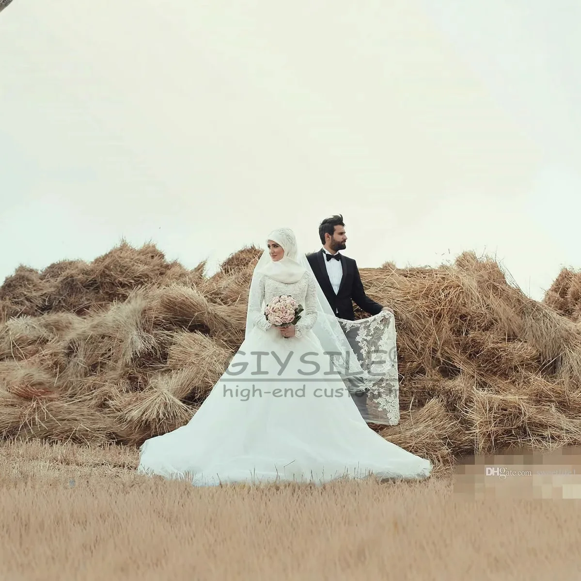 GIYSILE Gaun Pengantin Muslim Islam Arab Timur Tengah Gaun Pengantin Leher Tinggi Lengan Panjang Gaun Pengantin Sutra Putih