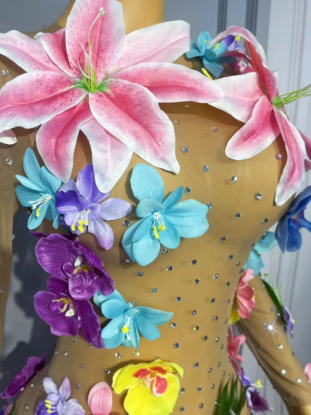 

Long Sleeve Flowers Rhinestones Transparent Leotard For Dance Group Stage Costumes Circus Performance Dress Club Gogo Clothes