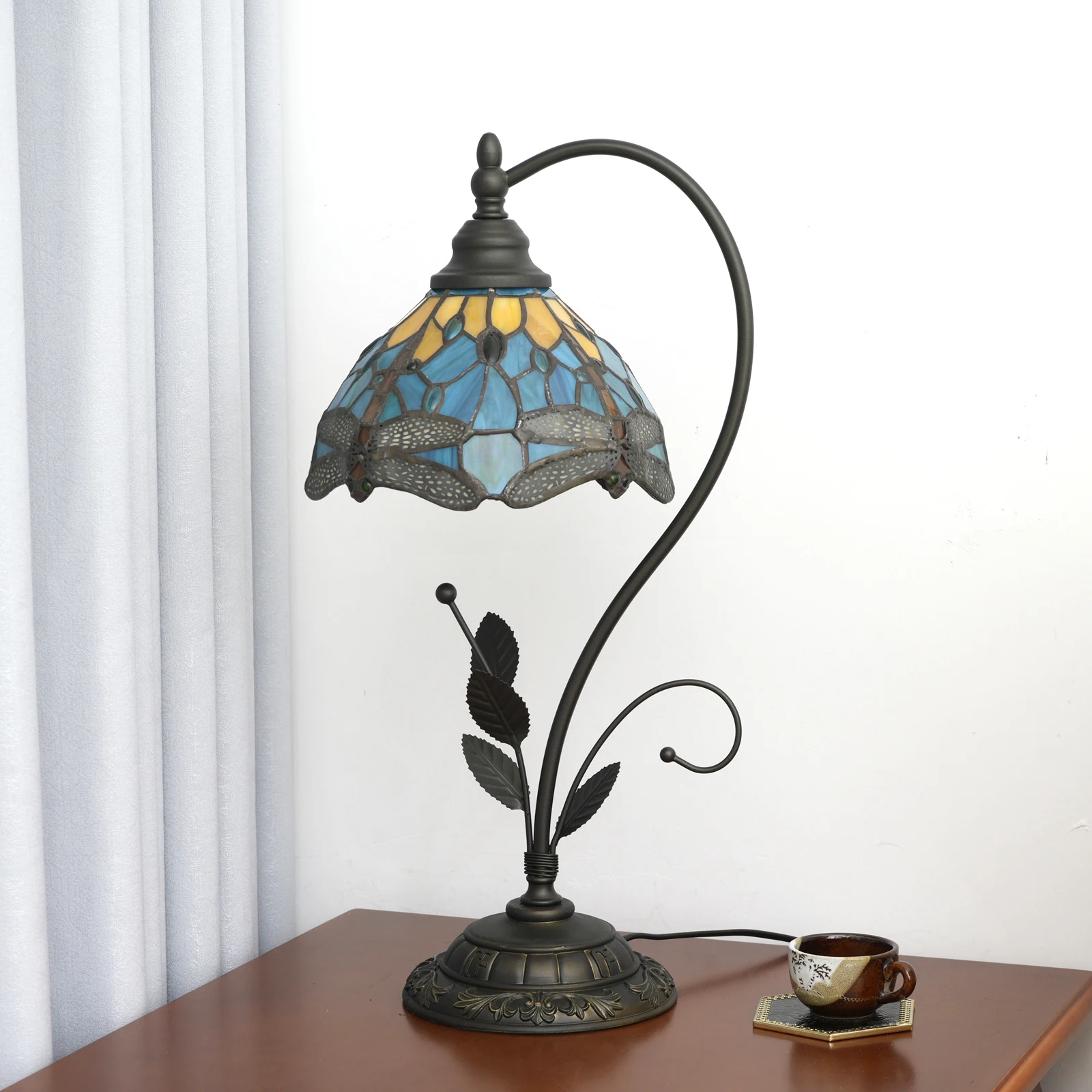 Elegant Table Lamp, Stained Glass Desk Reading Light, Metal Leaf Table Lamp Base, Green Dragon Butterfly Peacock Reading Lamp