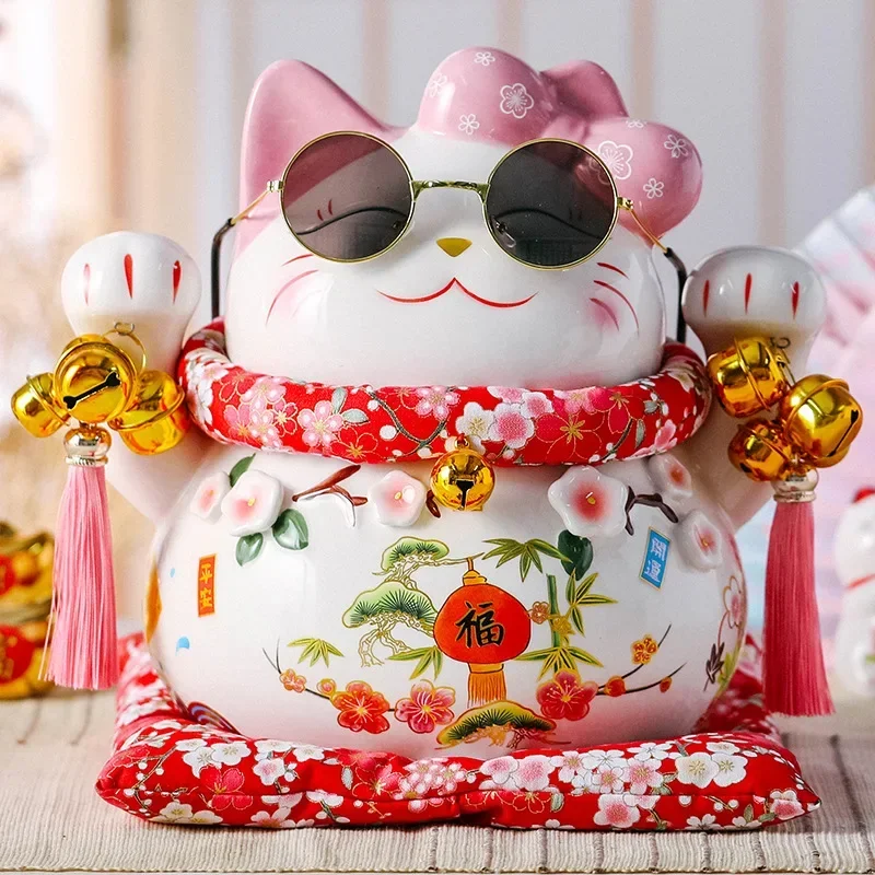 Ceramic Maneki Neko Lucky Cat Statue Piggy Bank Pink Fortune Money Box Auspicious Fengshui Ornament Home Decoration