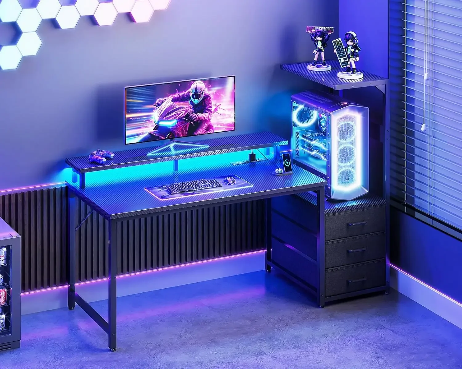 52 Inch Gaming Desk with USB Charging Ports & LED Light - Reversible Computer Desk with 3 Fabric