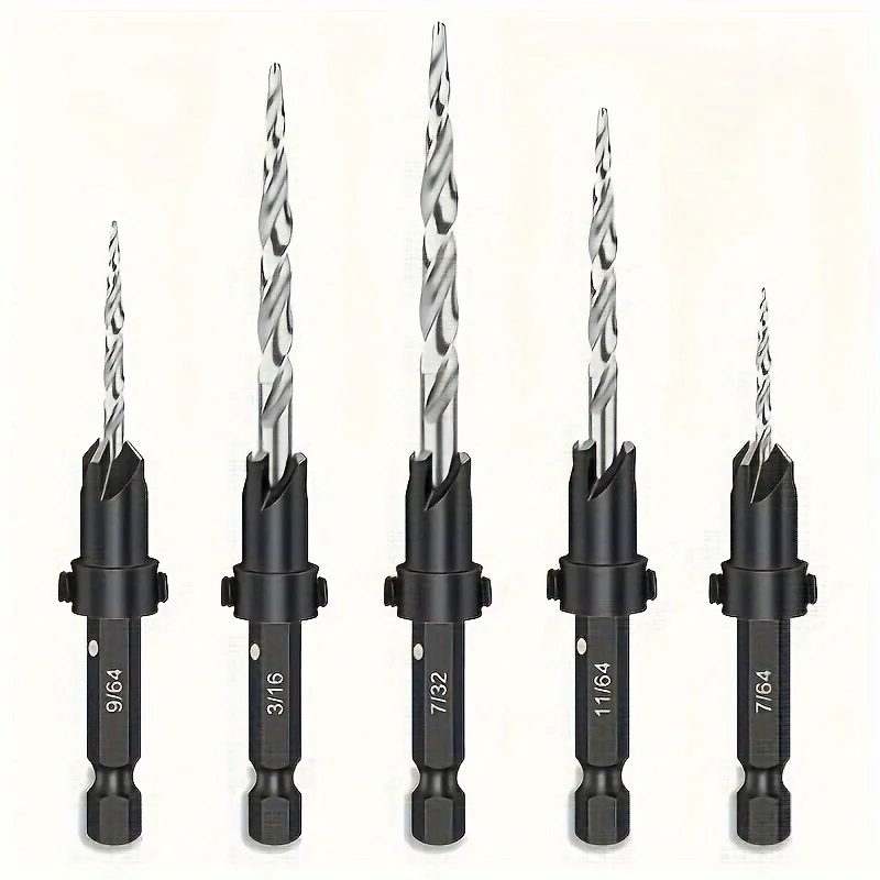 5pcs High-Speed Steel Countersink Drill Bit Set, Adjustable Tapered Hex Shank for Wood Milling - Single Item Packaging, Round Sh