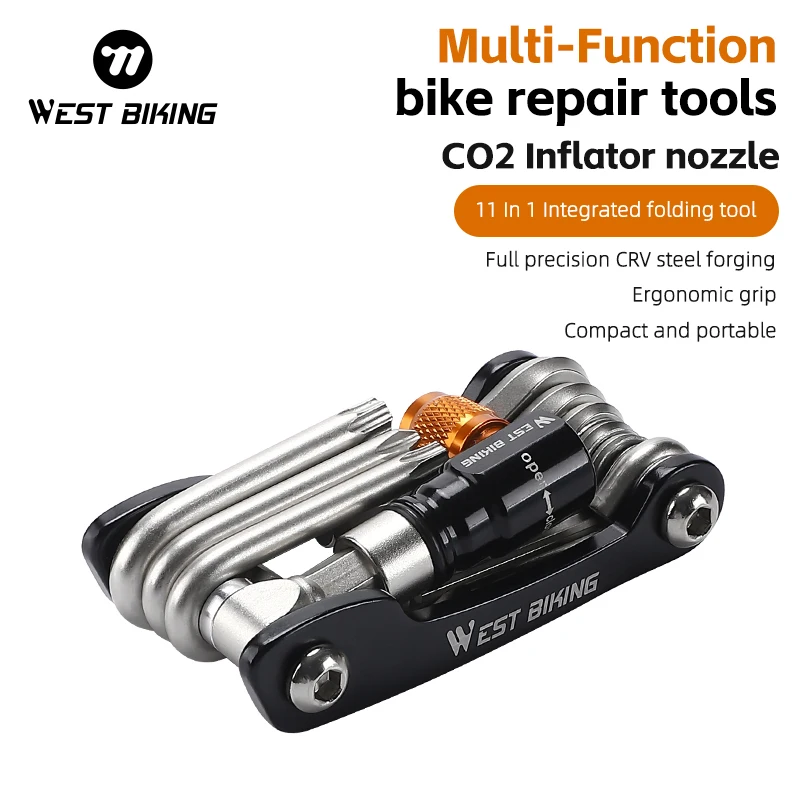 WEST BIKING Multifunctional Bicycle Repair Tool Portable 11 In 1 Folding Tool MTB Road Bike Repair Tool With CO2 Inflator Nozzle