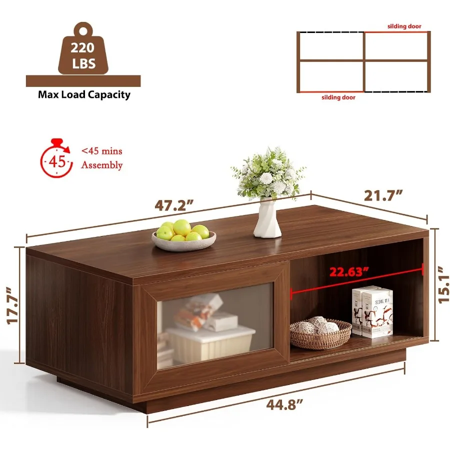 47 Inch Coffee Table for Living Room with Storage: Wood, Brown, Spacious Hidden Compartment