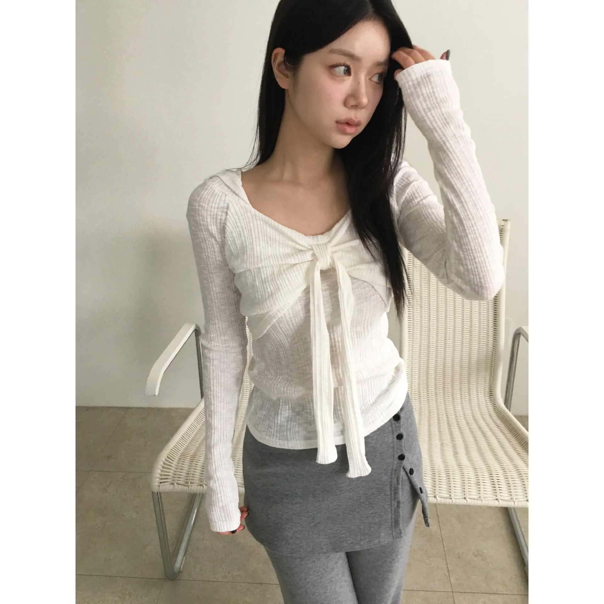 

Korean Style Spring New Design Knot Tie Belted Slim Long Sleeve Hooded Thin Top Women's T-shirt Casual Streetwear Spring Autumn
