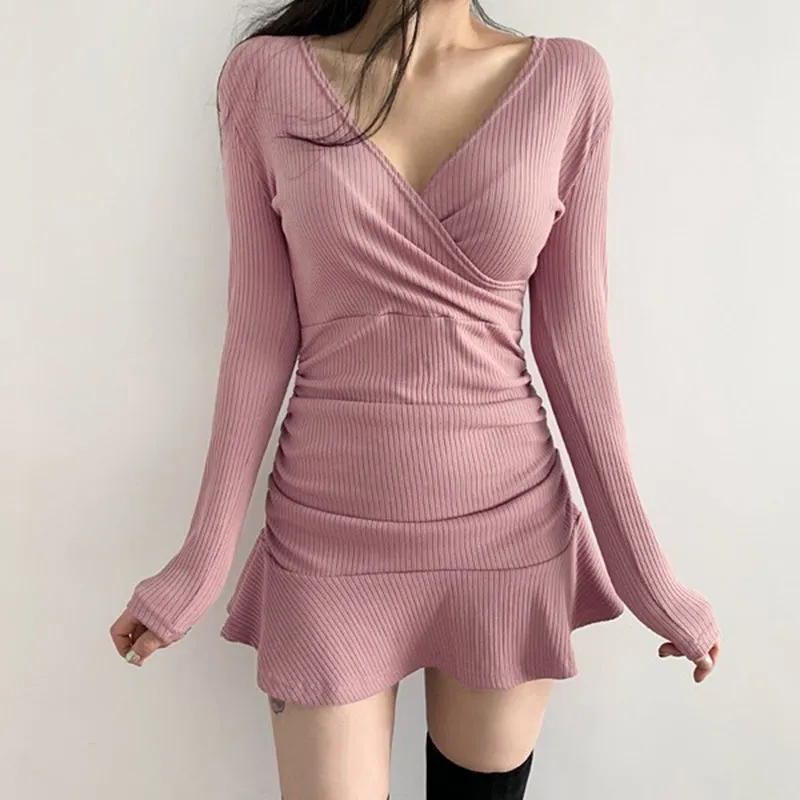 Vestido ajustado de manga larga con volantes cruzados para mujer, cuello en V, Color sólido, primavera y otoño, europeo y americano, Sexy