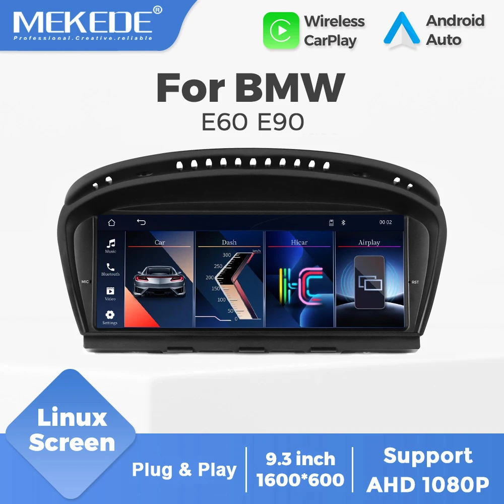 MEKEDE 9.3 pouces linux OS 1600 * 600 sans fil CarPlay Android Auto Car Multimedia Display pour BMW 5/3 série E60 E61 E63 E64 E90 E91 E92 système intelligent de navigation GPS de radio de voiture