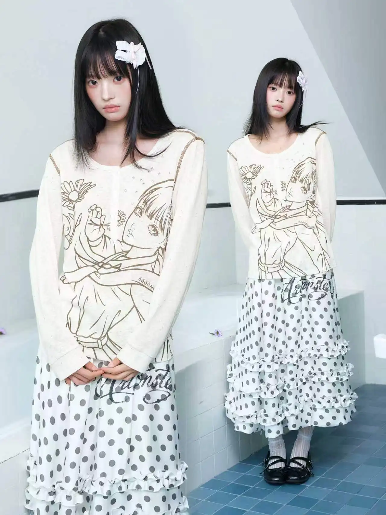 Chengfeng PEGACON Manga Style Long Sleeve T-Shirt Dot Girl's Cover up Star Pattern Henry Collar Spring Autumn Wear