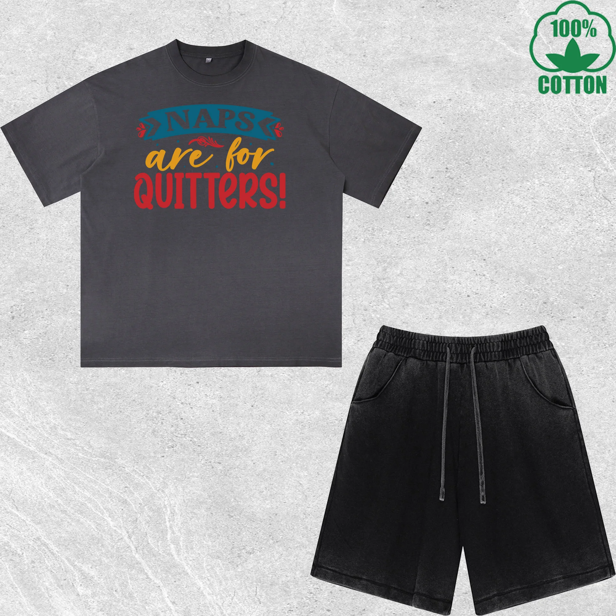 

Quitters Printed Dirty Wash T-Shirt Shorts Set Multicolor Combo Loose Trendy Fashionable 100%Cotton
