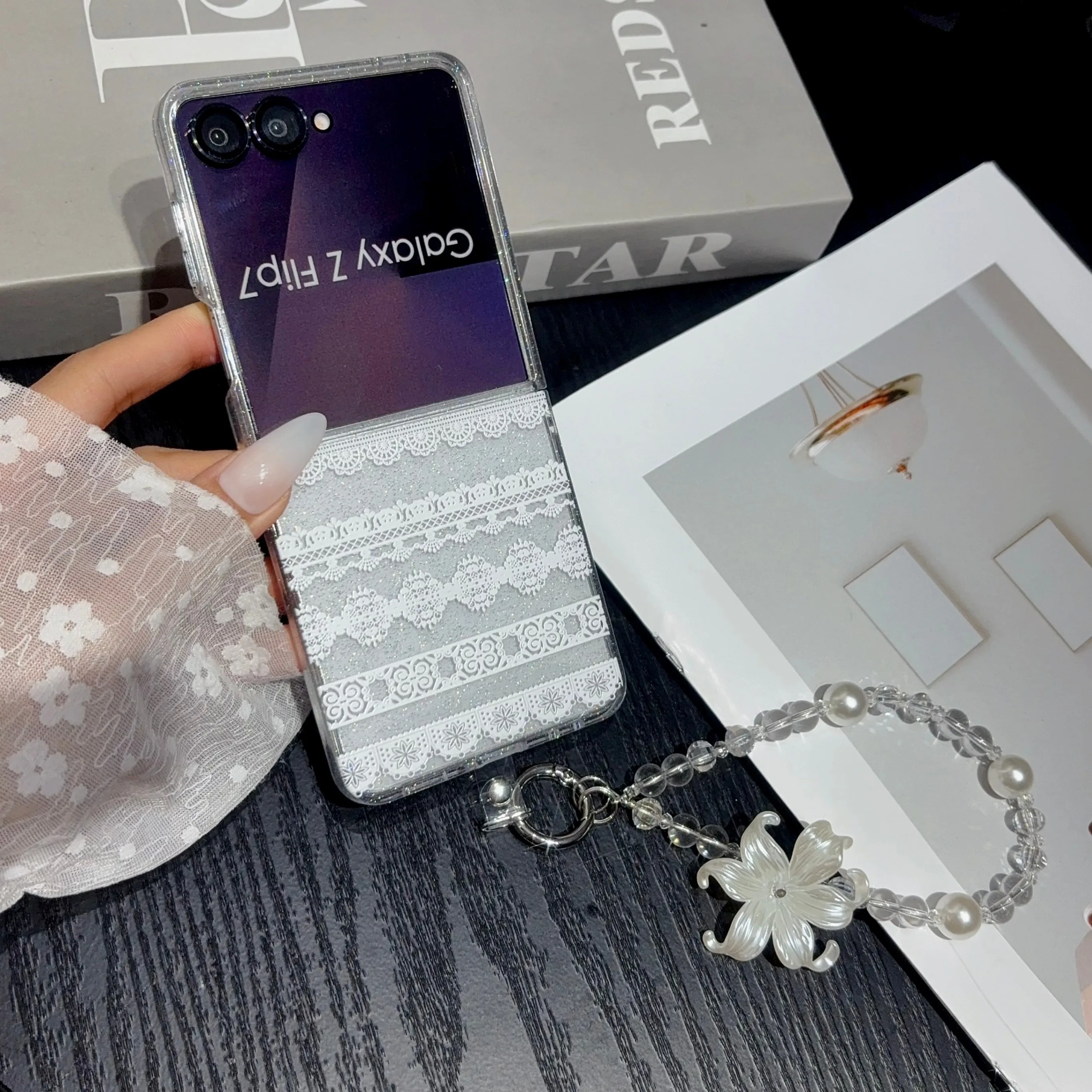 For Samsung Galaxy ZFlip8 Z Flip7 feZFlip6 ZFlip5 Case Flower Bracelet Sparkling Pink Painting&Star Yarn Series phone case