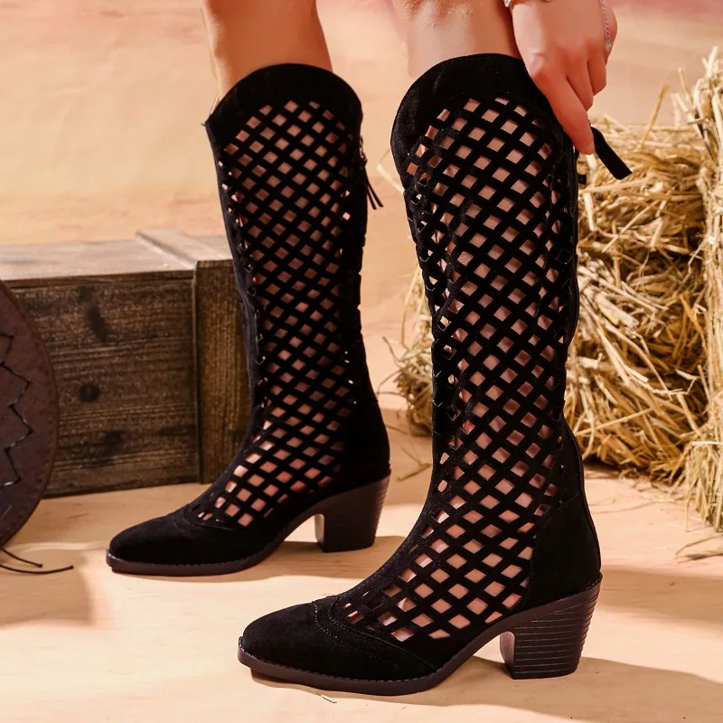 2026 New Fashion Cutout Breathable Boots Hole Shoes Block Heel Versatile Mid-Tube Women's Boots Fashion Summer Boot Shoes