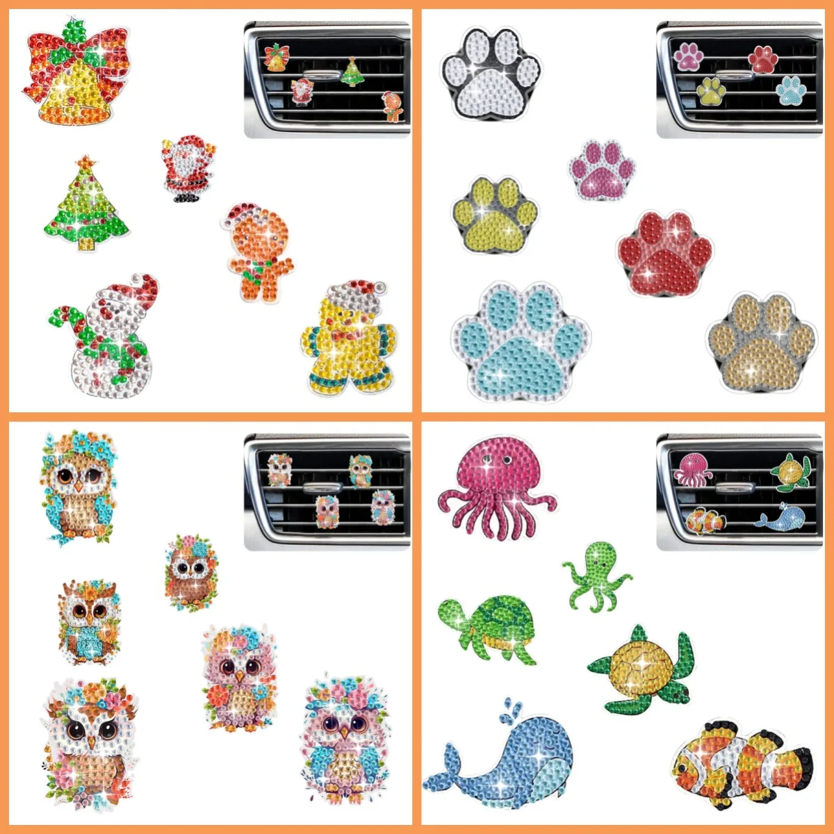 6-Piece Diamond Painting Kit, Car Decoration Animals, Snowman Pattern, Acrylic Material, Car Interior Decoration, Holiday Gifts