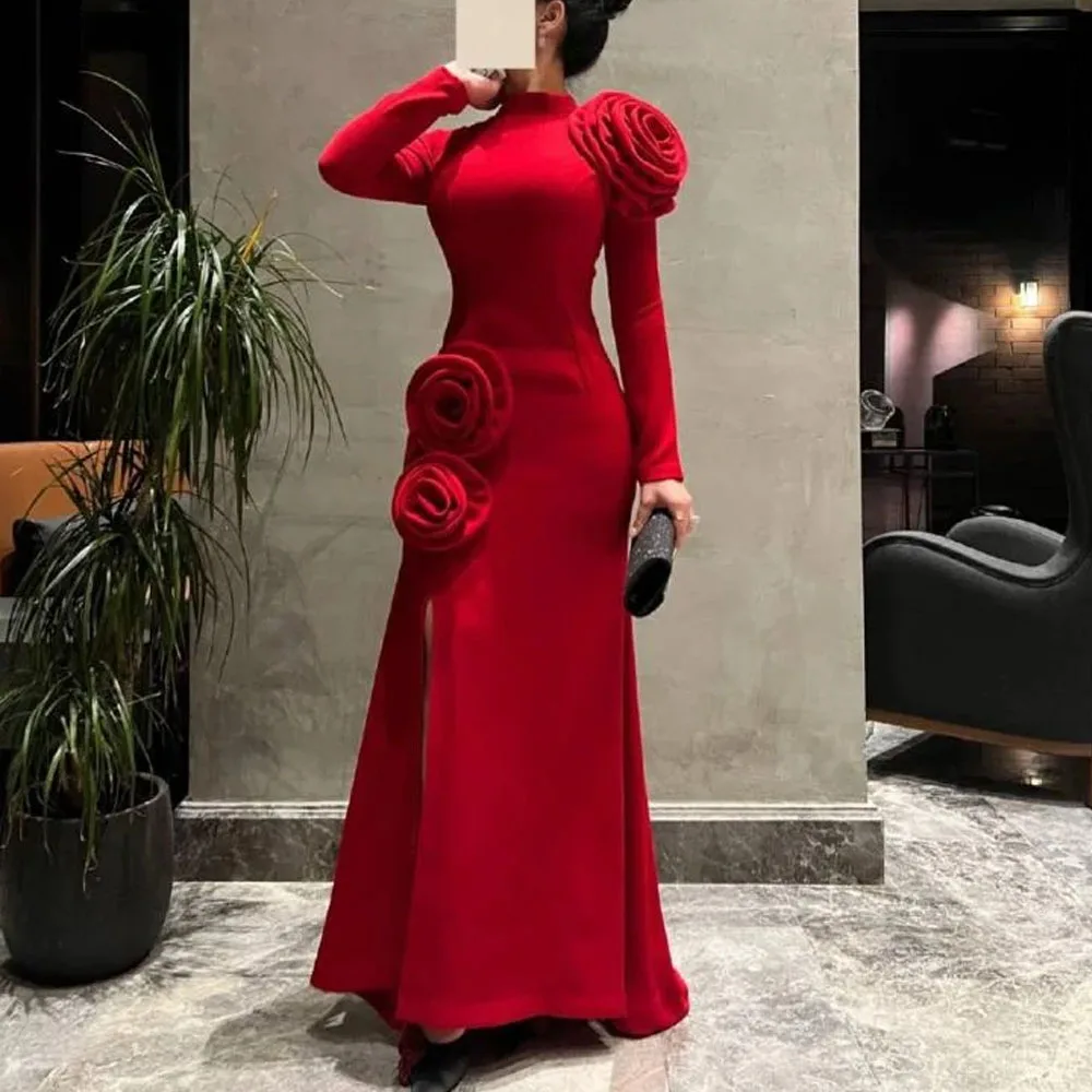 

Elegant Long Sleeves Red Satin فساتين سهرة Prom Dresses Custom Made Trumpet Long Party Gowns robes de soirée