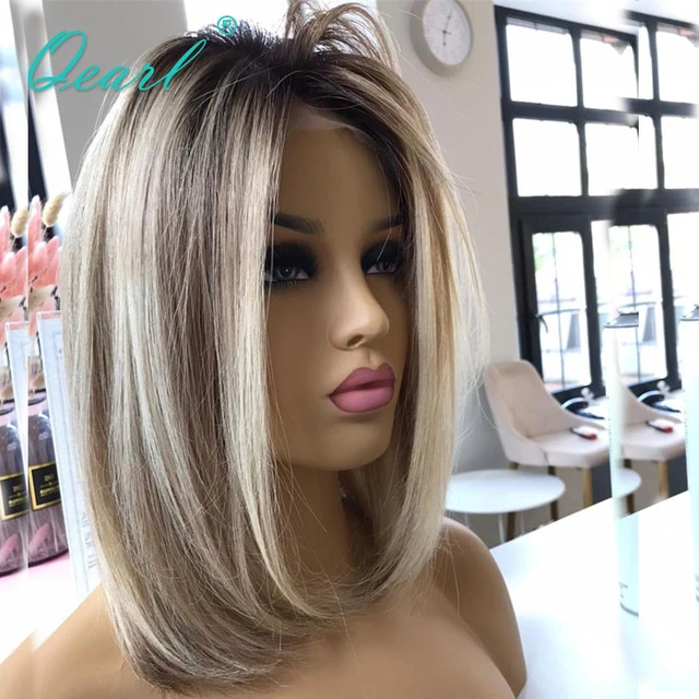 Ash Grey Highlights Colored Human Hair Wig Short Bob Straight Lace Frontal  Wig Sale 13x4 Icy Brown Ombre Glueless Freeship Qearl - AliExpress