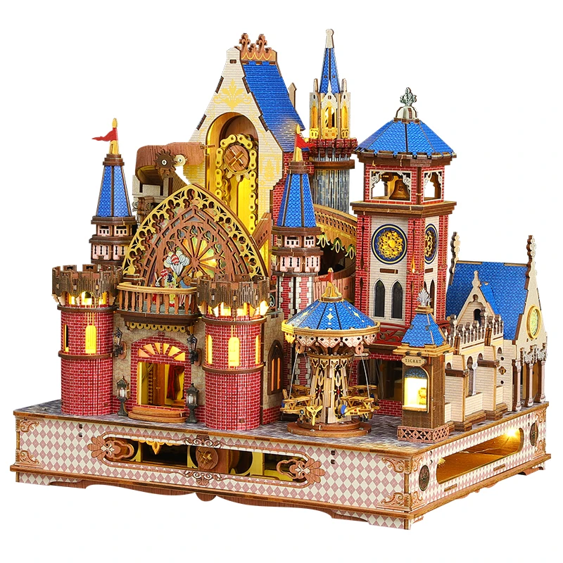 DIY Wooden Mechanical Rotation Annecy Castle Miniature Model Kits Fairy Tale Villa with Furniture Lights for Friends Xmas Gifts